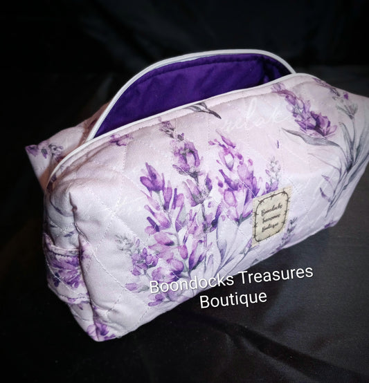 Handmade Quilted Makeup Bag – "Lavender Flowers" Print