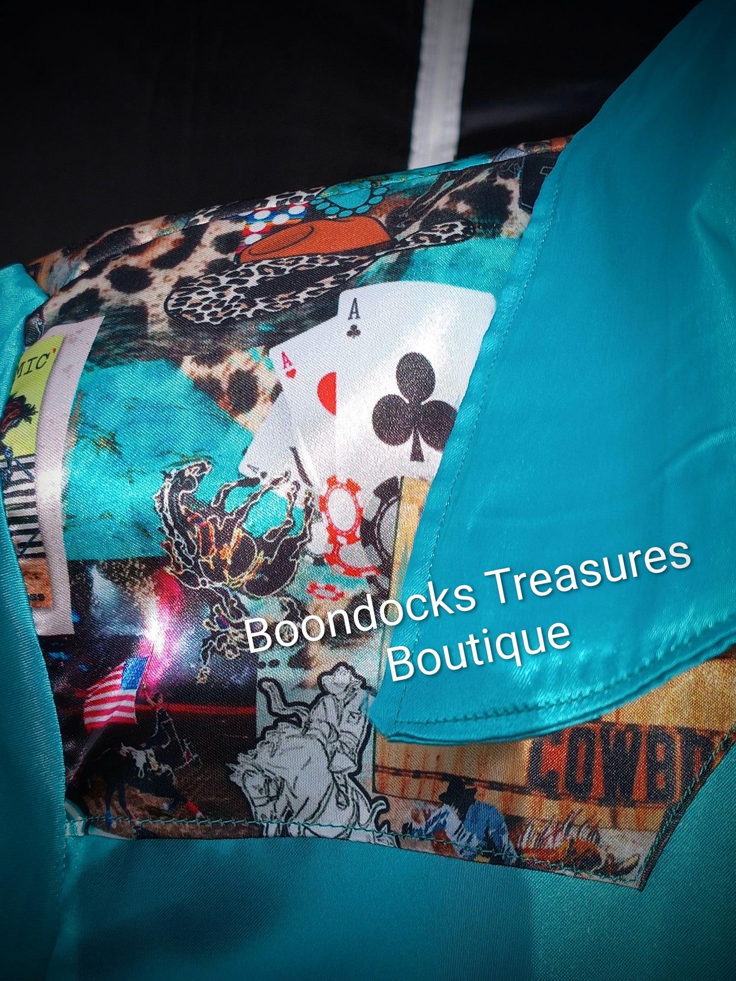 Turquoise satin shirt w/ "Rodeo Nights" print ACCENTS- Women's and Teen's Handmade Button up Shirts Pearl Snap Shirts Western Shirts Rodeo Shirts Show Shirts