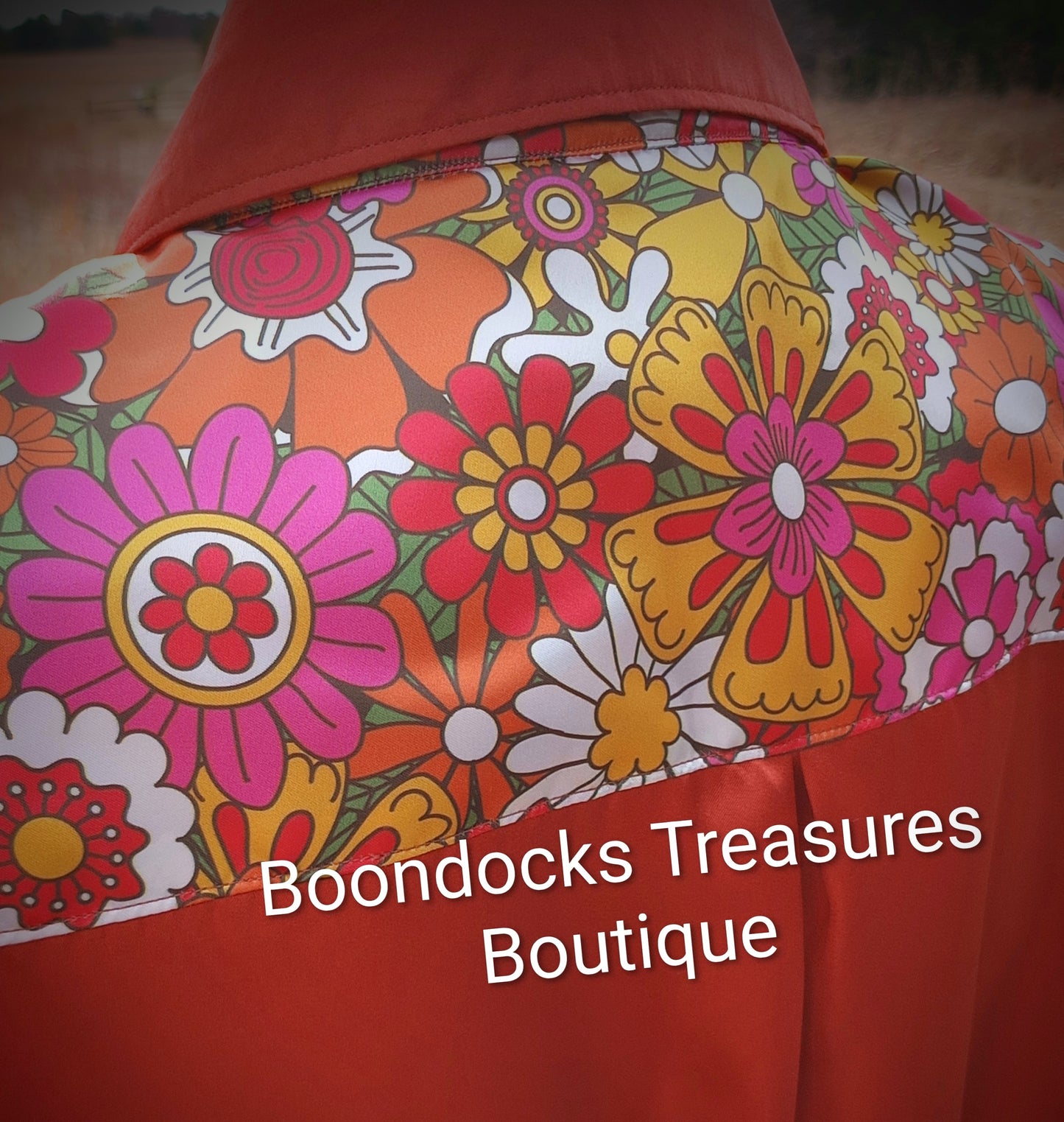 Copper satin shirt w/ GROOVY FLOWERS print ACCENTS- Women's and Teen's Handmade Button up Shirts Pearl Snap Shirts Western Shirts Rodeo Shirts Show Shirts