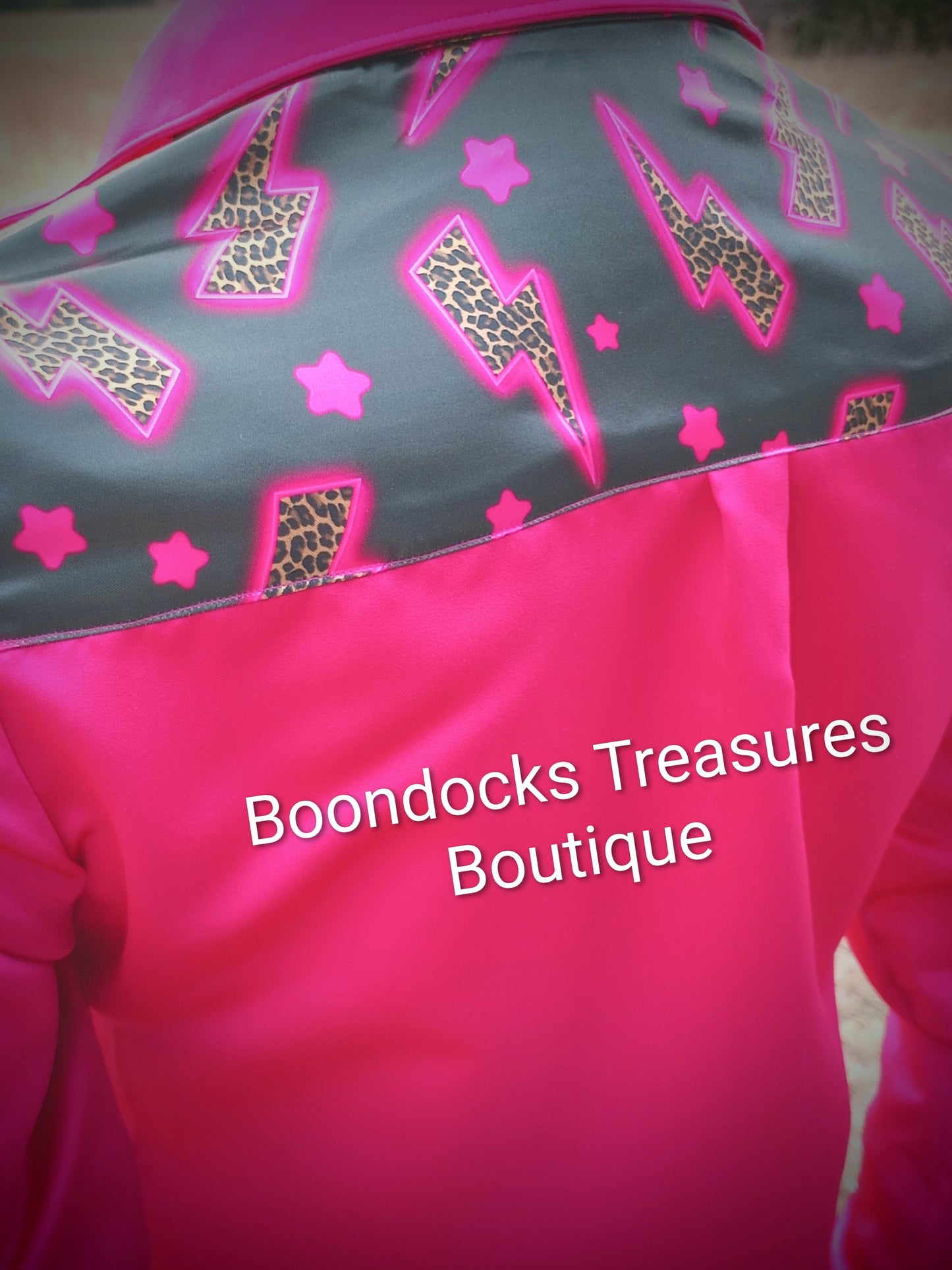*crepe back satin* HOT PINK w/ Cheetah Lightning Bolts ACCENTS- Women's and Teen's Handmade Button up Shirts Pearl Snap Shirts Western Shirts Rodeo Shirts Show Shirts