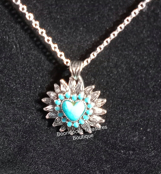 Turquoise and Silver Heart Pendant Necklace - Handmade