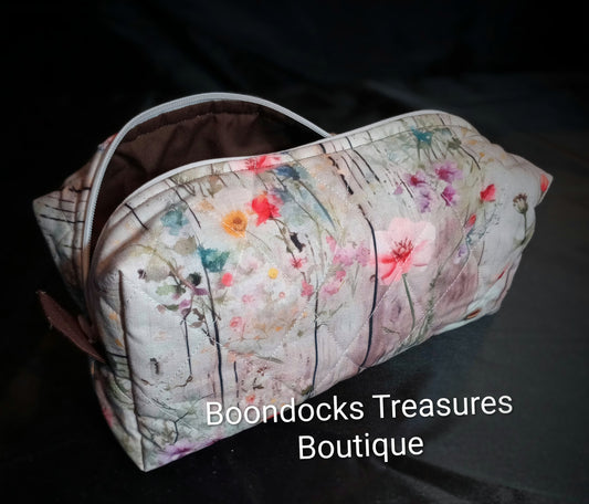 Handmade Colorful "Wildflowers on Woodgrain" Makeup & Travel Bag