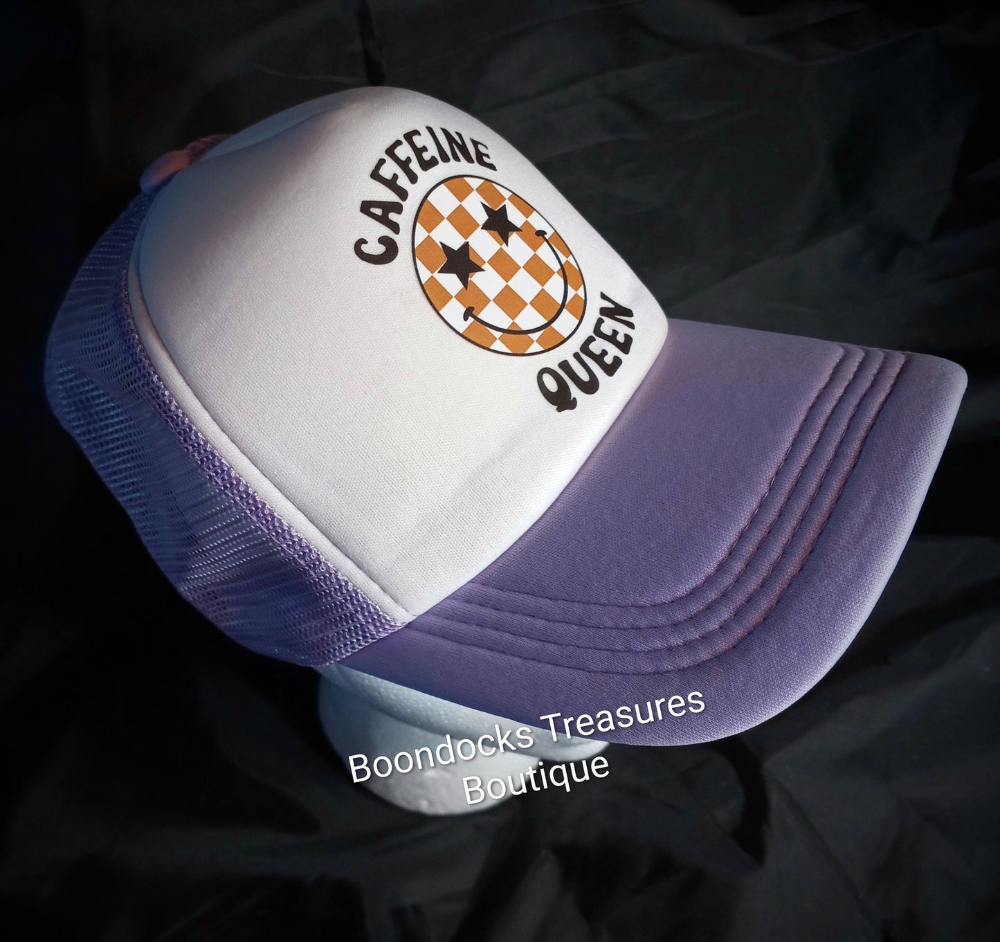 "Caffeine Queen" DTF transfer embellished in- house on Lavender 💜 Trucker Hat