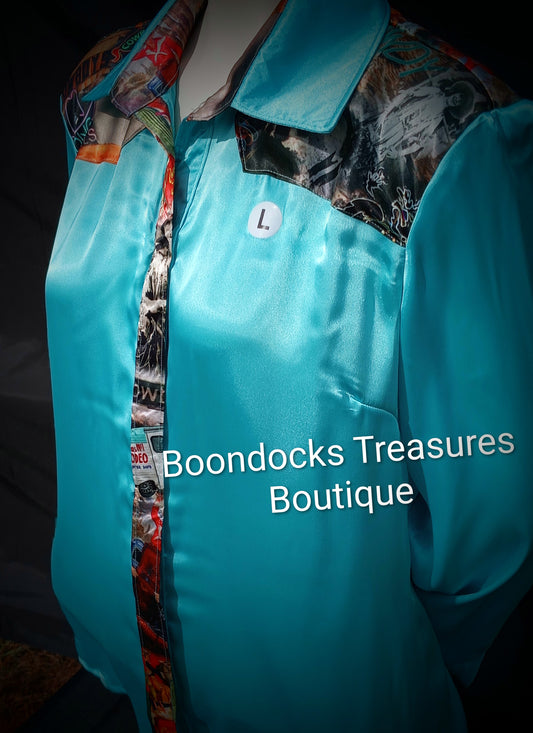 Turquoise satin shirt w/ "You Ain't No Cowboy" print ACCENTS- Women's and Teen's Handmade Button up Shirts Pearl Snap Shirts Western Shirts Rodeo Shirts Show Shirts