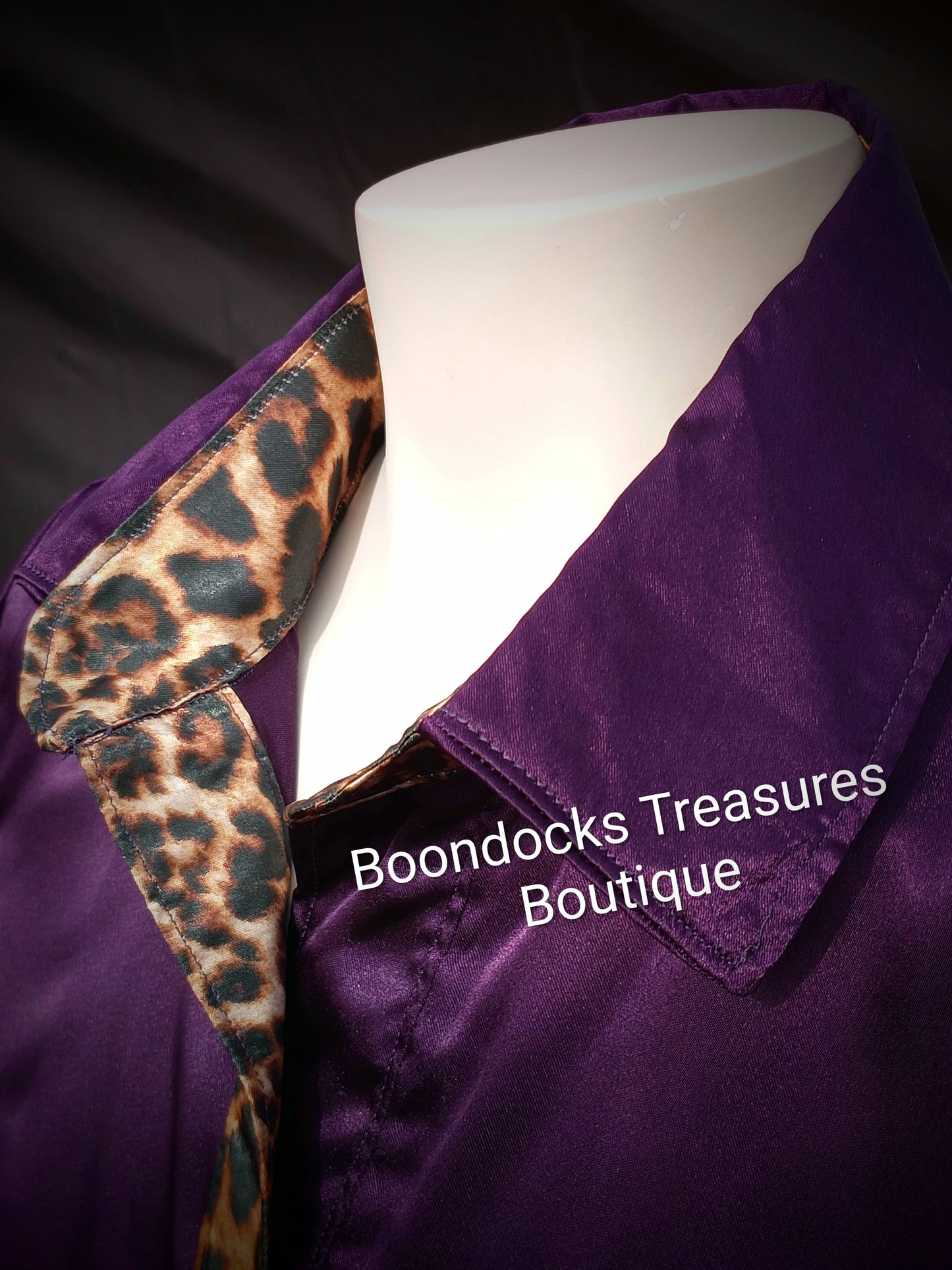 Purple satin shirt w/ dark leopard print ACCENTS- Women's and Teen's Handmade Button up Shirts Pearl Snap Shirts Western Shirts Rodeo Shirts Show Shirts