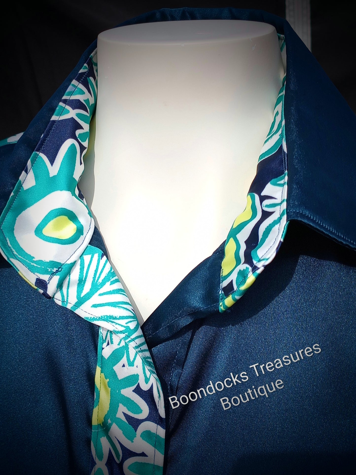 Navy blue satin shirt w/ "Hula Flowers"/drawn sunflowers print ACCENTS- Women's and Teen's Handmade Button up Shirts Pearl Snap Shirts Western Shirts Rodeo Shirts Show Shirts