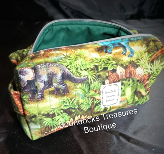 "Jurassic Dinosaurs" Vintage Fabric Quilted Makeup Bag — One of a Kind; Handmade