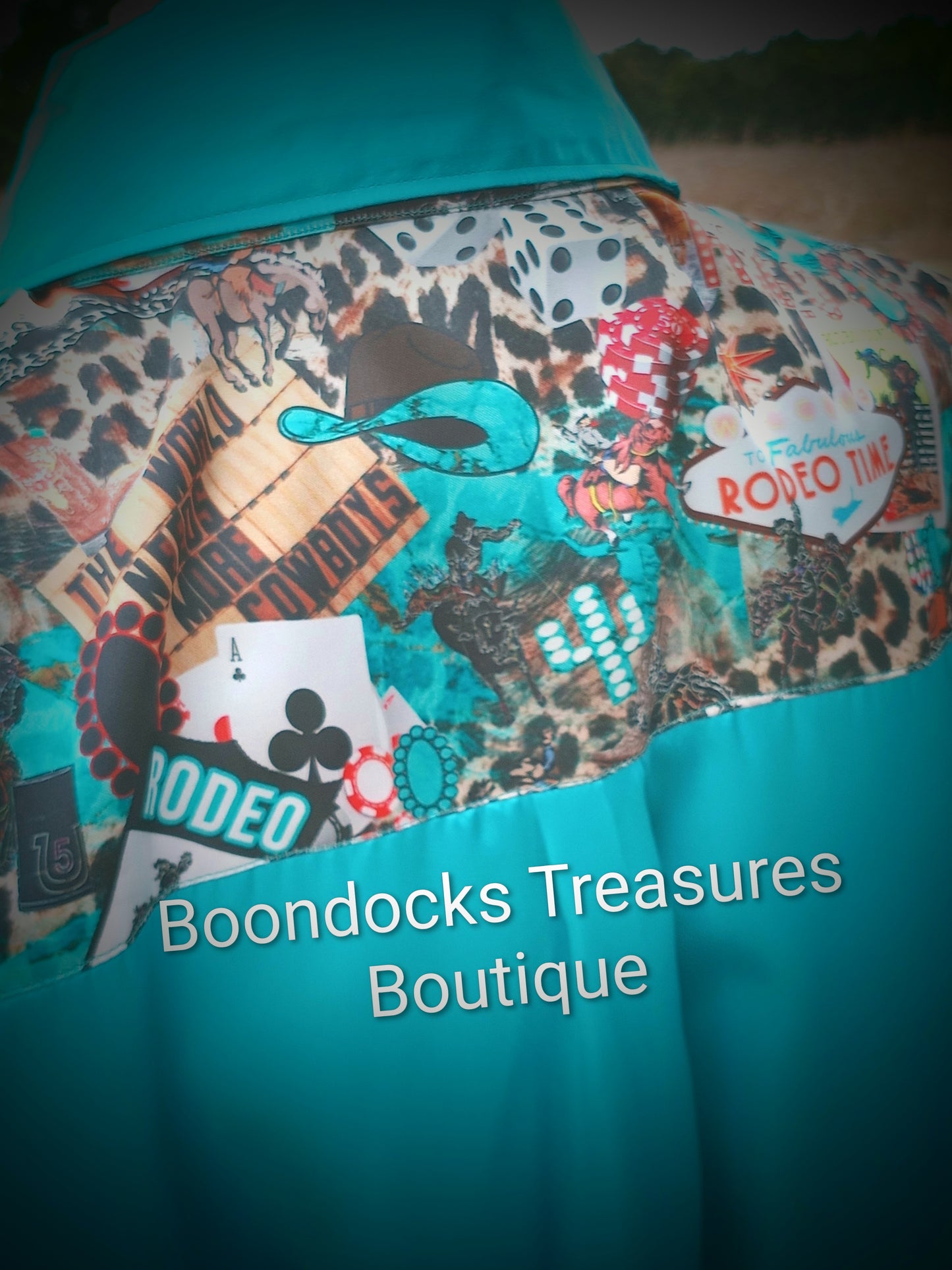 Turquoise satin shirt w/ "Rodeo Nights" print ACCENTS- Women's and Teen's Handmade Button up Shirts Pearl Snap Shirts Western Shirts Rodeo Shirts Show Shirts