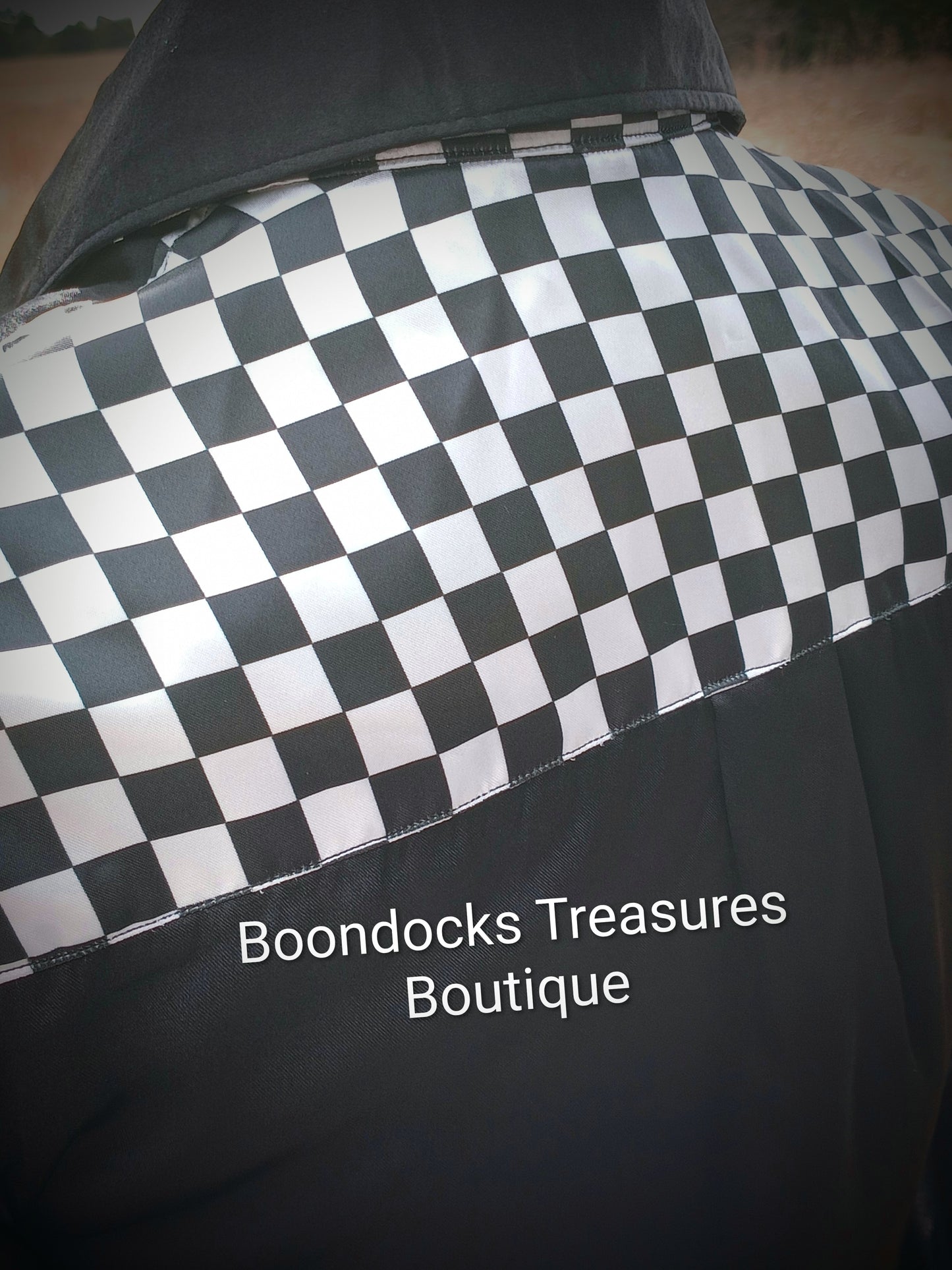 Black satin shirt w/ checkerboard print ACCENTS- Women's and Teen's Handmade Button up Shirts Pearl Snap Shirts Western Shirts Rodeo Shirts Show Shirts