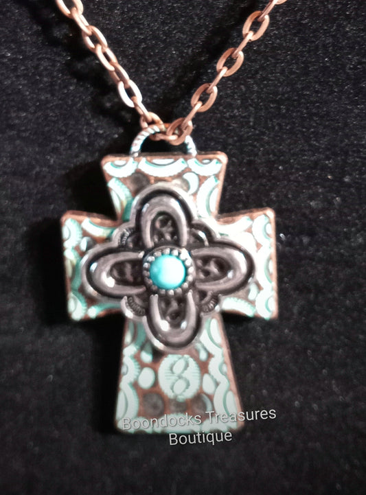Silver and Turquoise Cross Pendant Necklace w Antique Brass Chain - Handmade