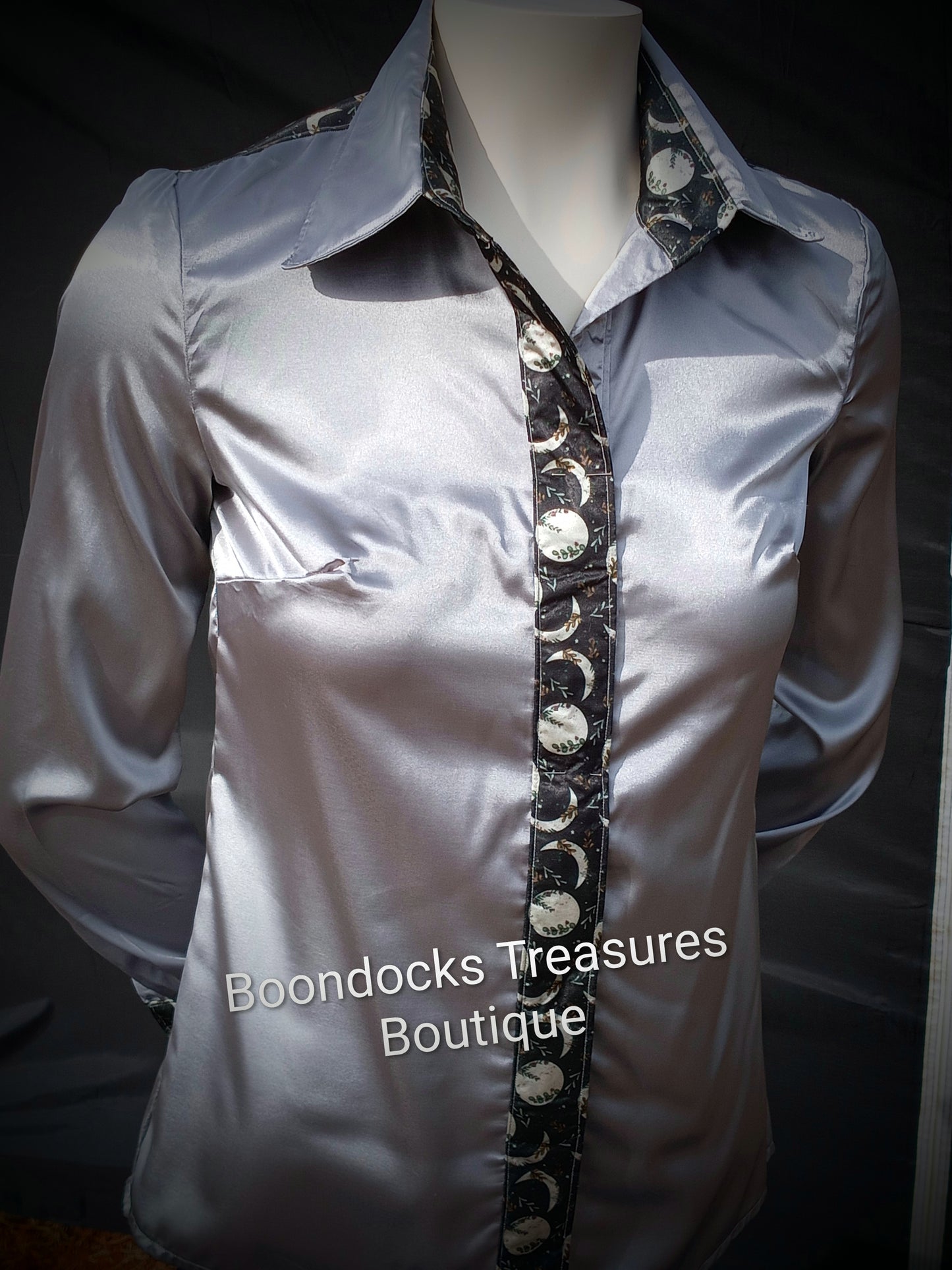 SILVER-GRAY satin shirt w/ MOON PHASES print ACCENTS- Women's and Teen's Handmade Button up Shirts Pearl Snap Shirts Western Shirts Rodeo Shirts Show Shirts