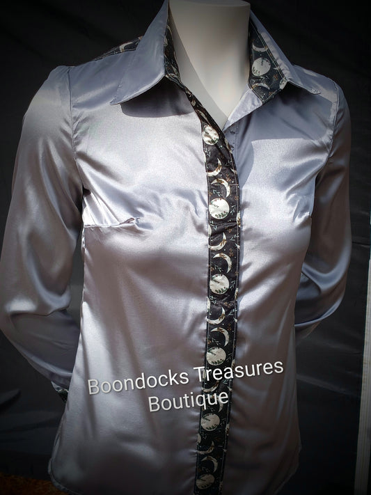 SILVER-GRAY satin shirt w/ MOON PHASES print ACCENTS- Women's and Teen's Handmade Button up Shirts Pearl Snap Shirts Western Shirts Rodeo Shirts Show Shirts