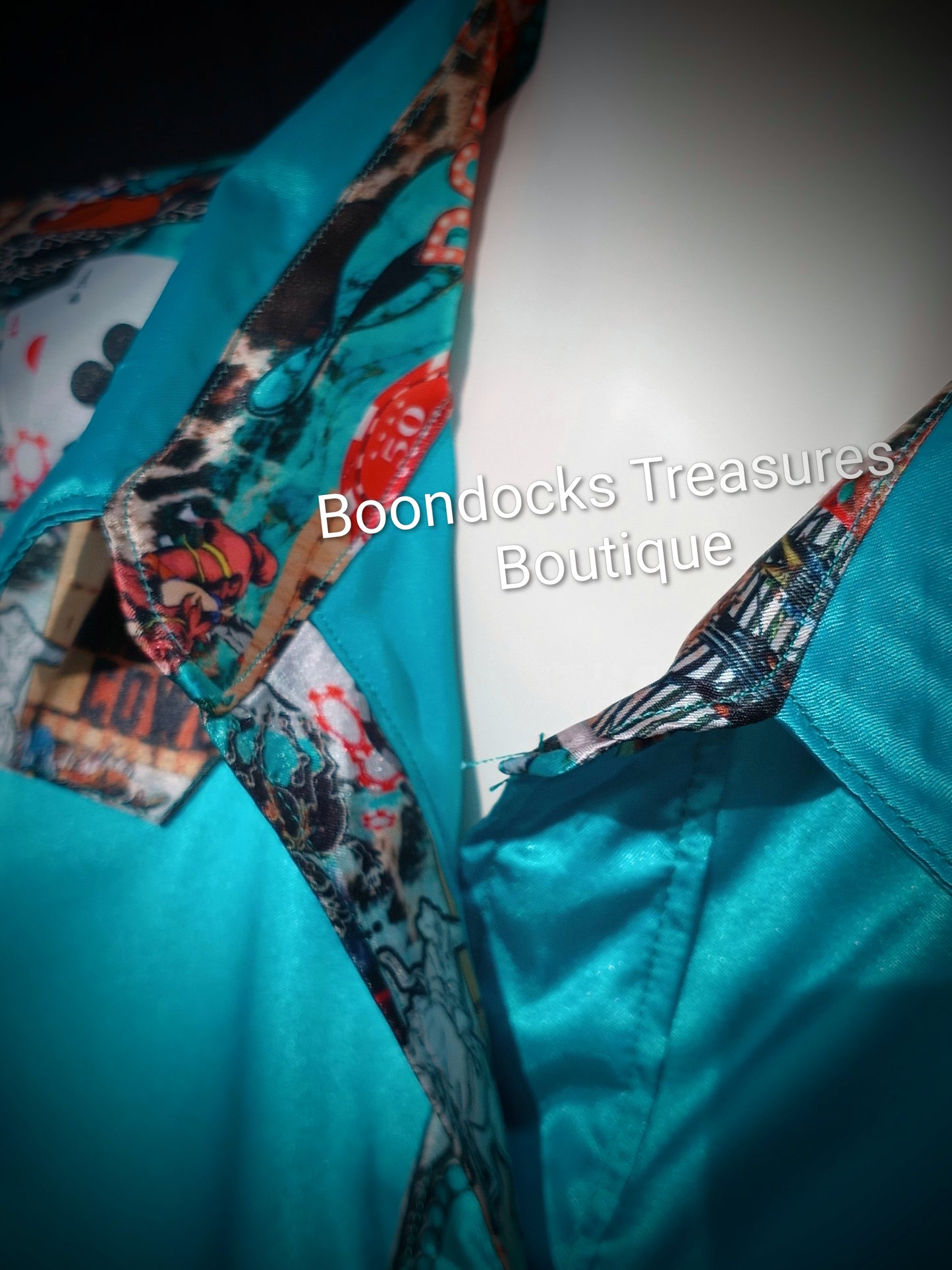 Turquoise satin shirt w/ "Rodeo Nights" print ACCENTS- Women's and Teen's Handmade Button up Shirts Pearl Snap Shirts Western Shirts Rodeo Shirts Show Shirts