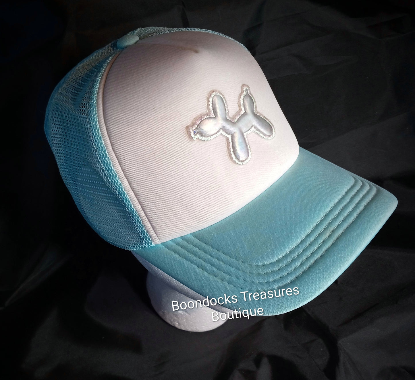 "Balloon Animal Puppy" Patch embellished in- house on Turquoise 🩵Trucker Hat