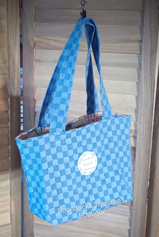 Handmade Tote Bag- "Denim Checkerboard w/Cowgirl Essentials" -Reversible- Matching Makeup Bag- Medium size