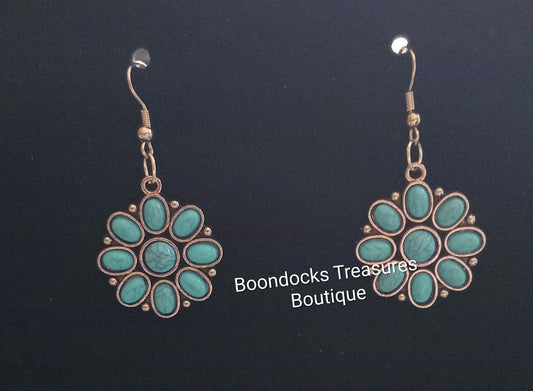 turquoise and silver squash blossom handmade earrings