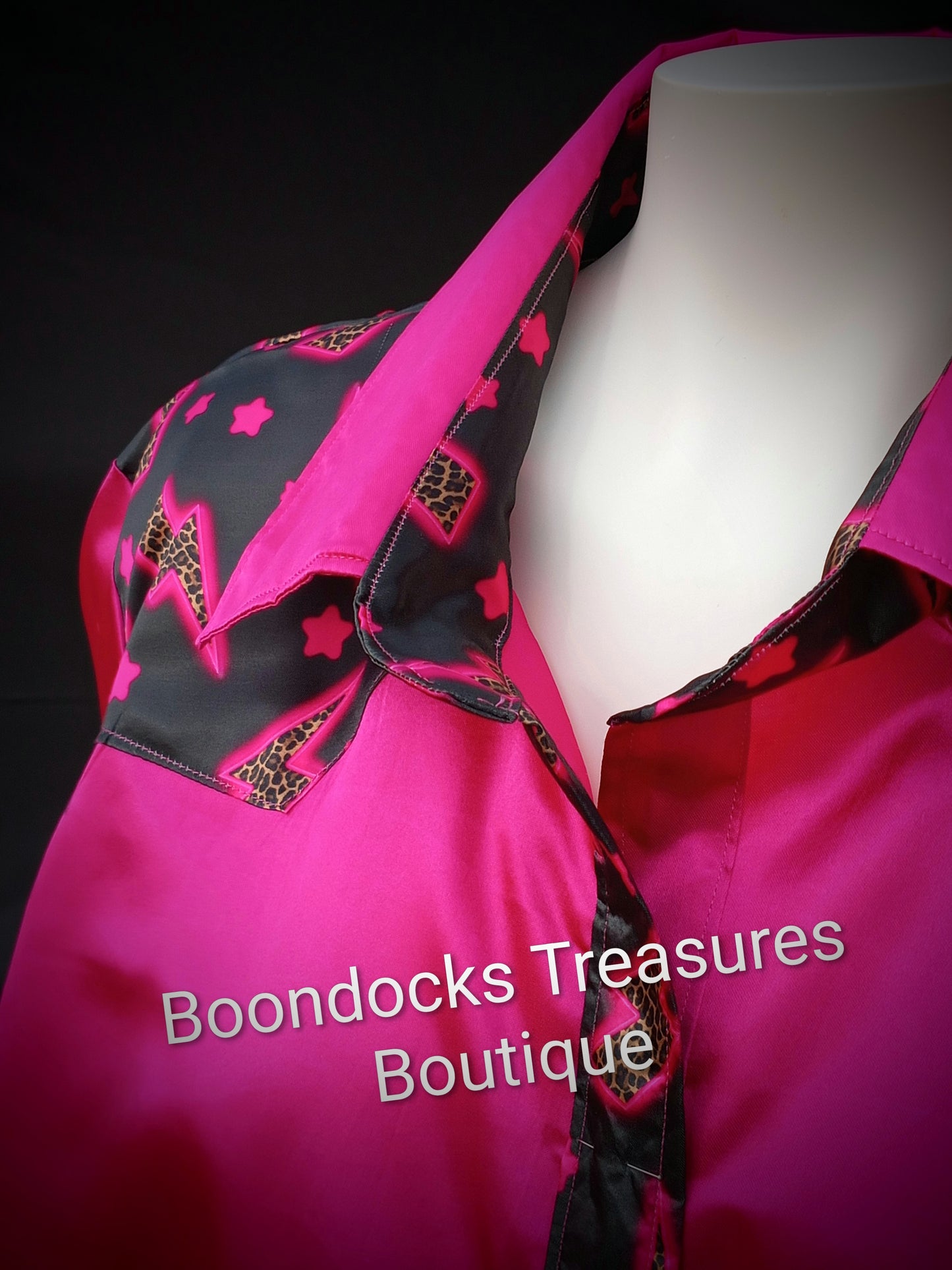 HOT PINK satin shirt w/ Cheetah Lightning Bolts ACCENTS- Women's and Teen's Handmade Button up Shirts Pearl Snap Shirts Western Shirts Rodeo Shirts Show Shirts