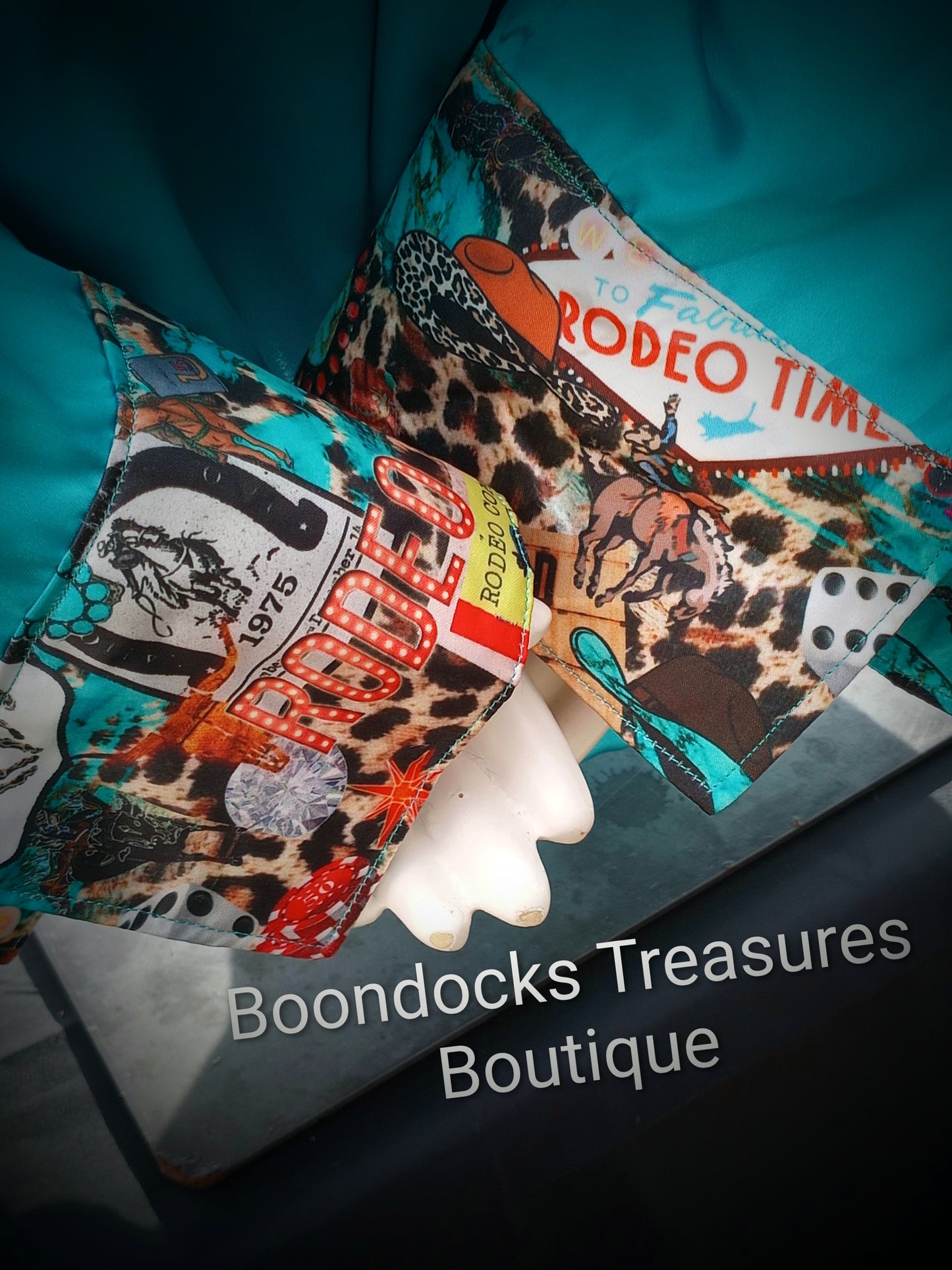 Turquoise satin shirt w/ "Rodeo Nights" print ACCENTS- Women's and Teen's Handmade Button up Shirts Pearl Snap Shirts Western Shirts Rodeo Shirts Show Shirts