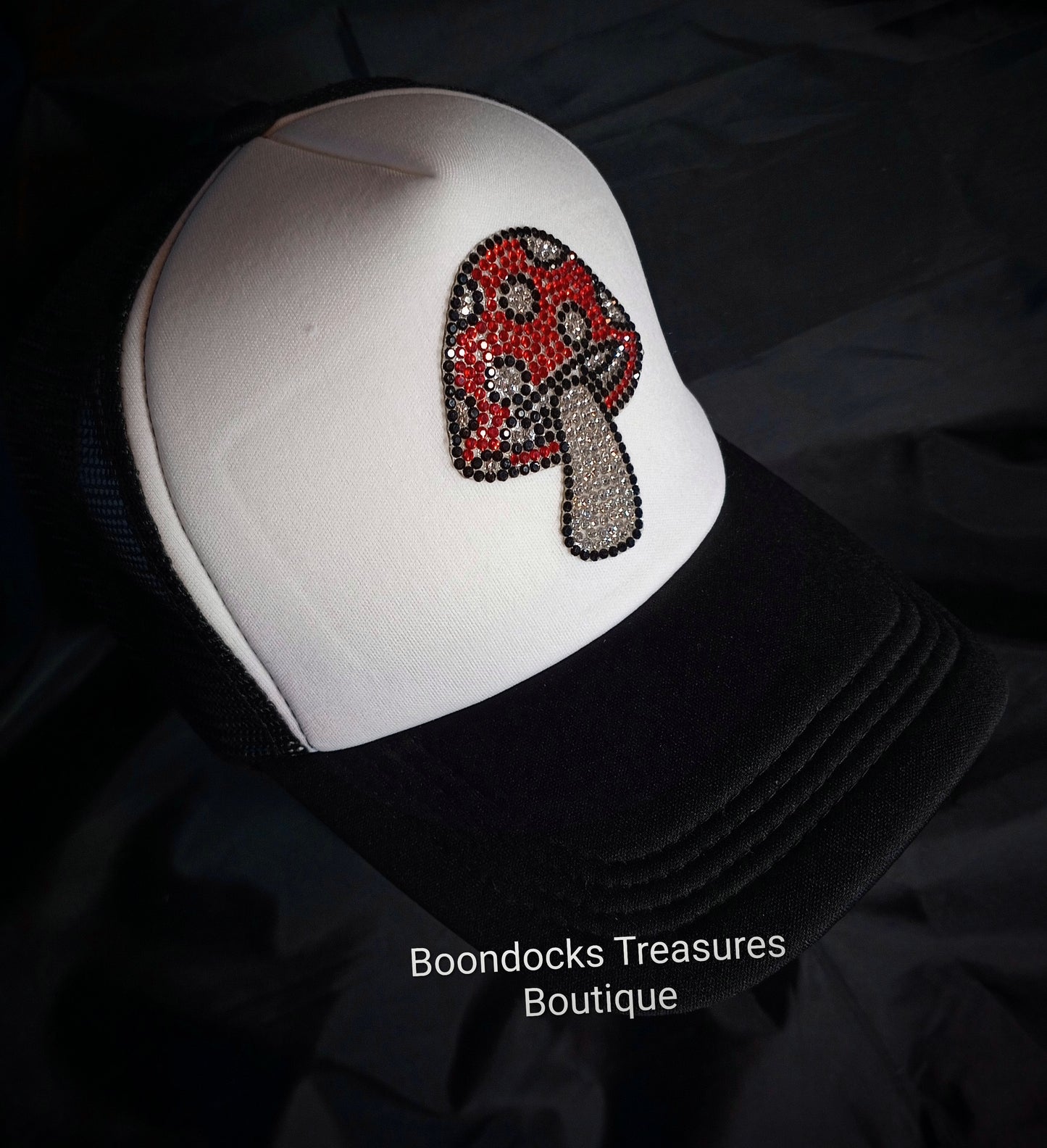"Rhinestone Bling Mushroom 🍄" Patch embellished in- house on Black 🖤 Trucker Hat