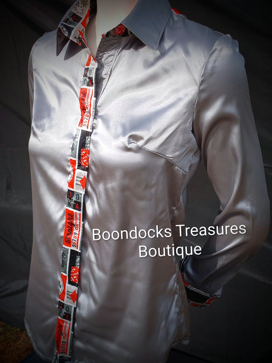 SILVER-GRAY satin shirt w/ ALL IN POKER print ACCENTS- Women's and Teen's Handmade Button up Shirts Pearl Snap Shirts Western Shirts Rodeo Shirts Show Shirts