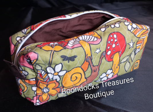Handmade Quilted Makeup Bag – 1970s vibe-"Mushrooms + Snails" Print- One-of-a-Kind