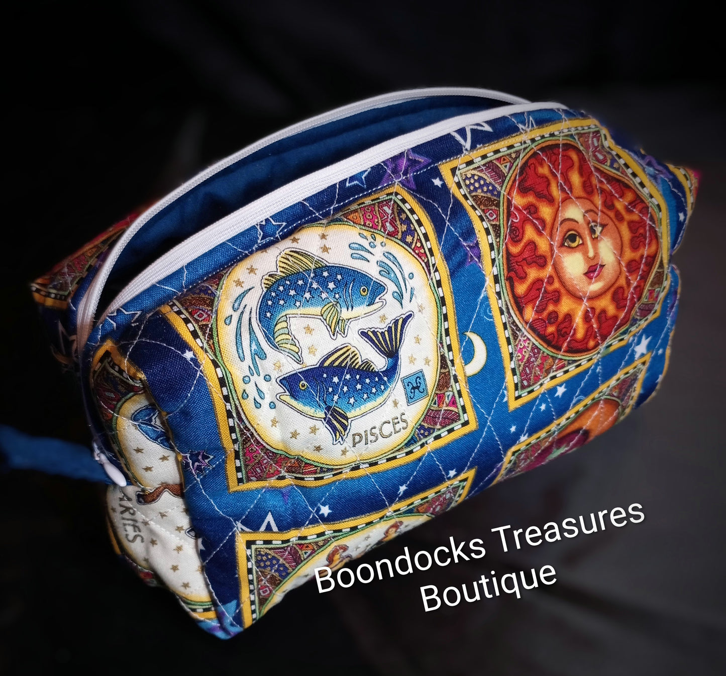 "Zodiac Signs" Quilted Makeup Bag — One of a Kind; Handmade; Vintage fabric