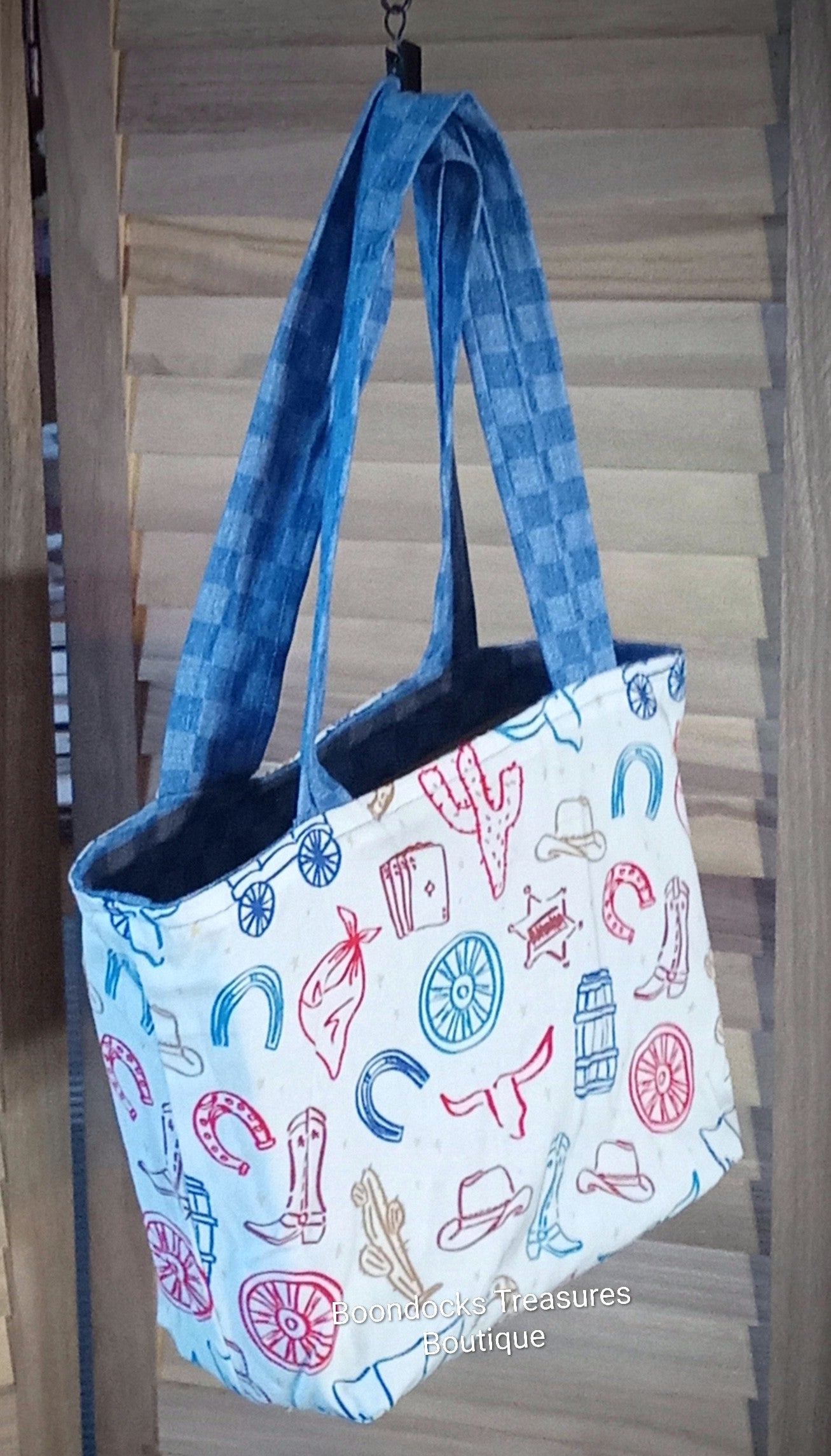 Handmade Tote Bag- "Denim Checkerboard w/Cowgirl Essentials" -Reversible- Matching Makeup Bag- Medium size