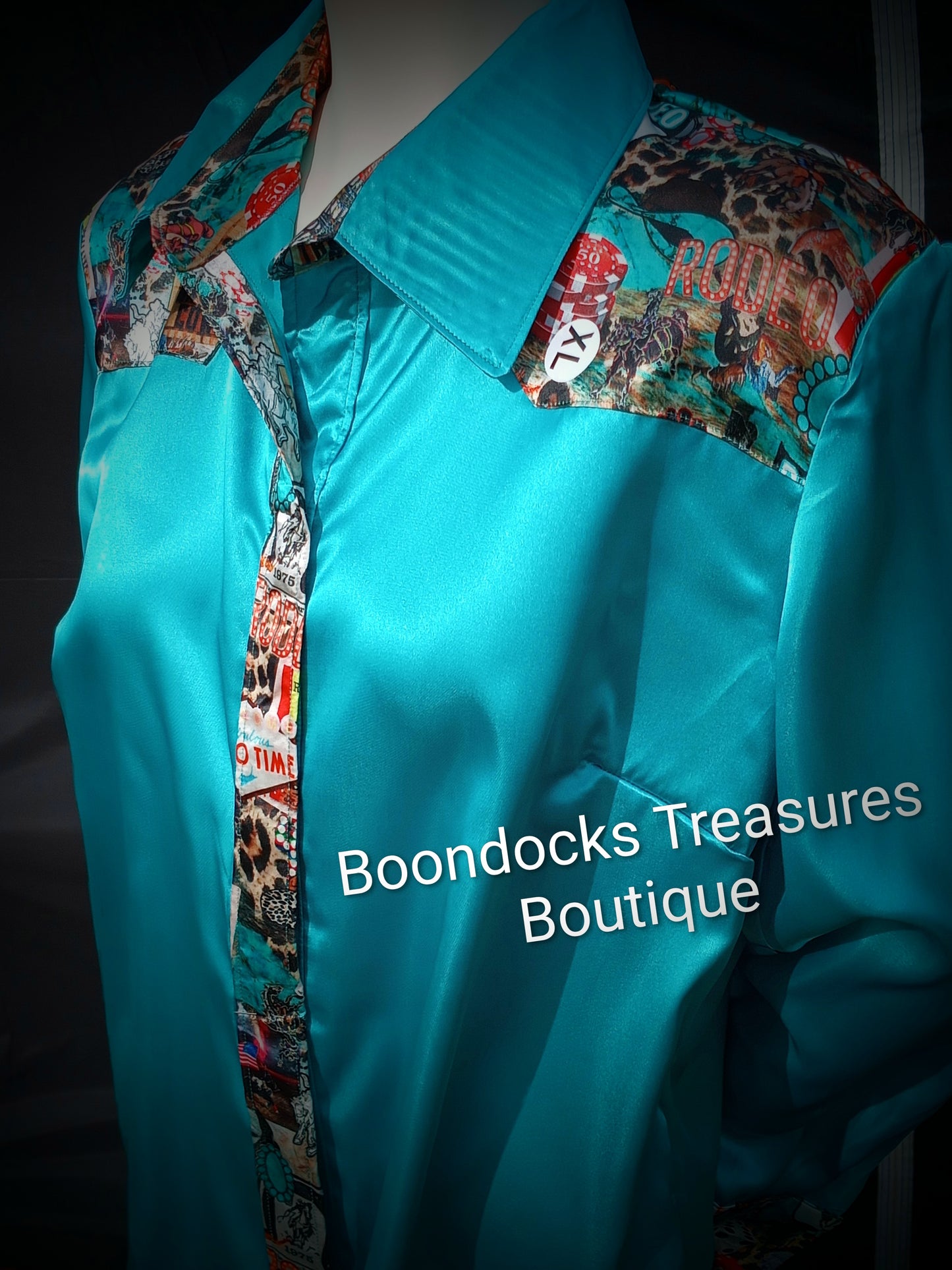 Turquoise satin shirt w/ "Rodeo Nights" print ACCENTS- Women's and Teen's Handmade Button up Shirts Pearl Snap Shirts Western Shirts Rodeo Shirts Show Shirts