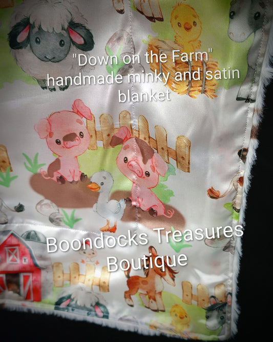 "Down on the Farm" handmade minky and satin blanket