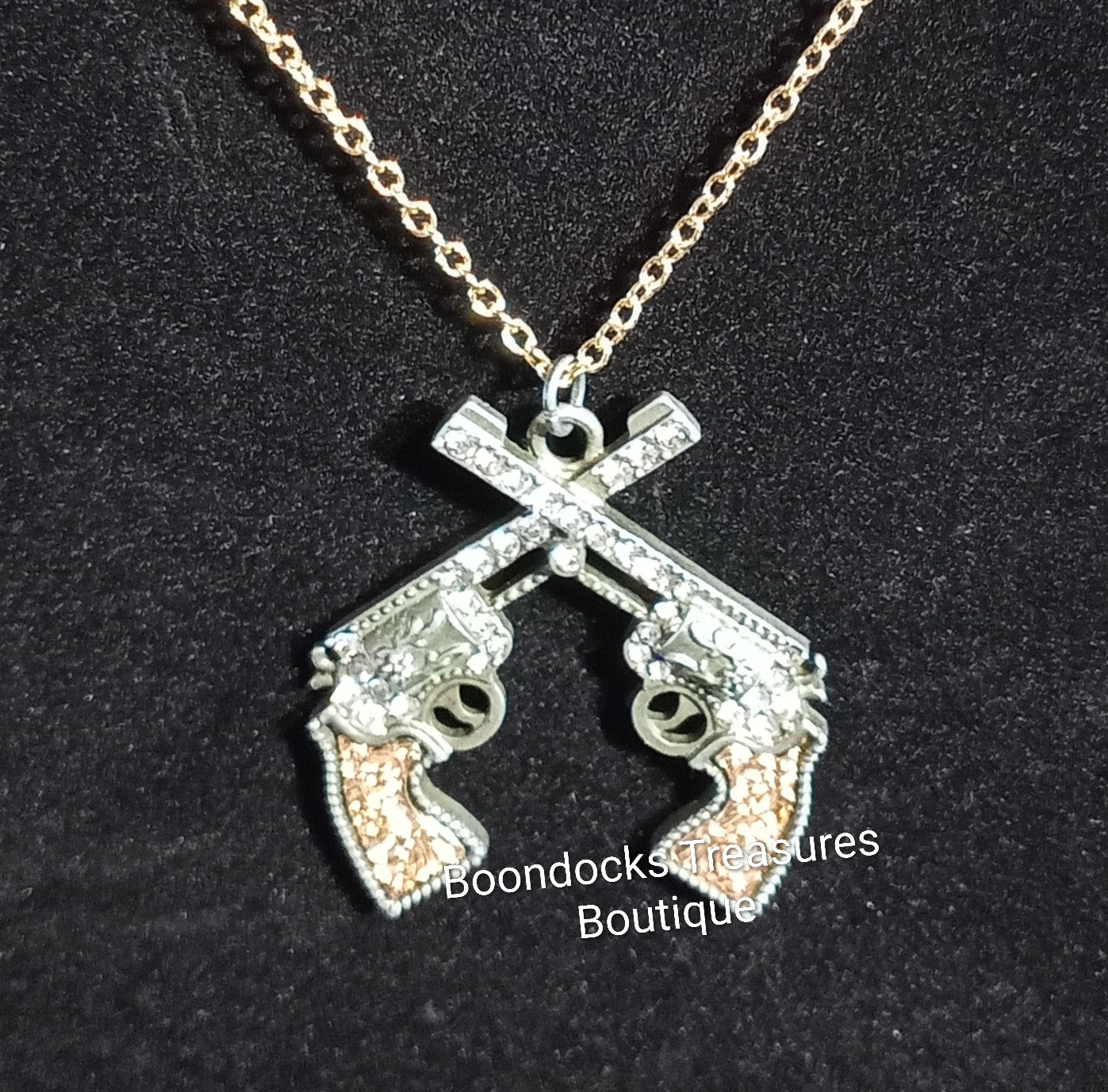 Rhinestone Dueling Pistols Pendant Necklace - Handmade- Silver and Gold