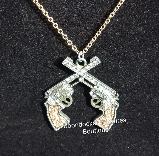 Rhinestone Dueling Pistols Pendant Necklace - Handmade- Silver and Gold