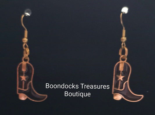 Black and Gold Cowgirl Boots with Star detail Handmade Earrings