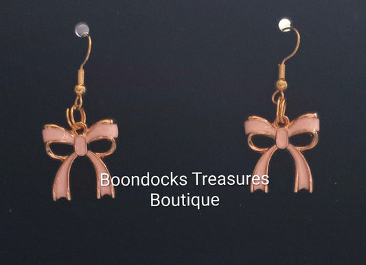 Gold and Pink Coquette Bow Handmade Earrings 3/4"