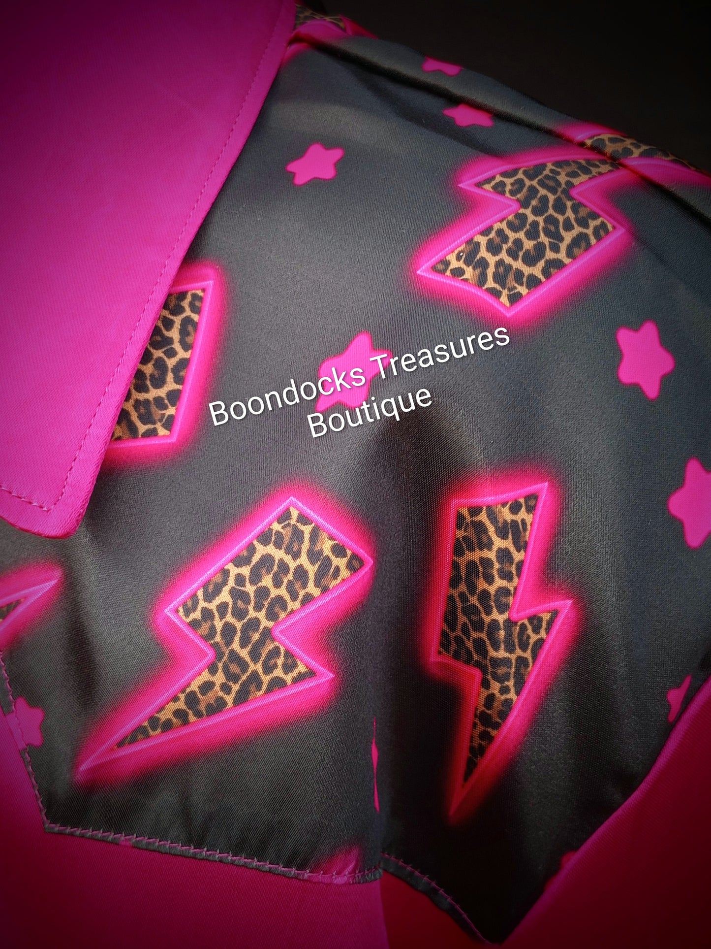 HOT PINK satin shirt w/ Cheetah Lightning Bolts ACCENTS- Women's and Teen's Handmade Button up Shirts Pearl Snap Shirts Western Shirts Rodeo Shirts Show Shirts