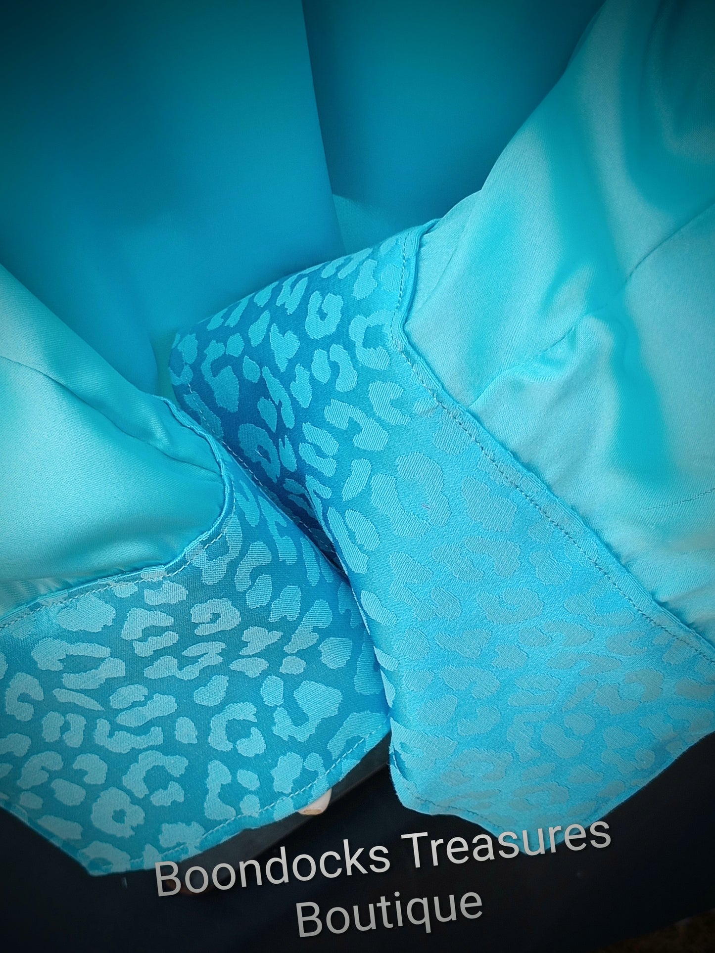 Turquoise satin shirt w/ turquoise cheetah print brocade ACCENTS- Women's and Teen's Handmade Button up Shirts Pearl Snap Shirts Western Shirts Rodeo Shirts Show Shirts