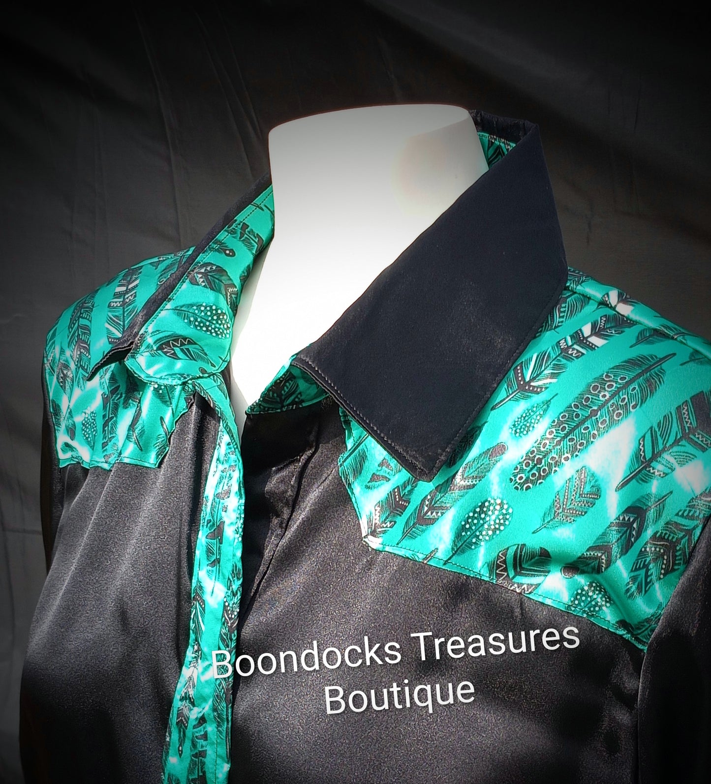 Black satin shirt w/ feathers on teal print ACCENTS- Women's and Teen's Handmade Button up Shirts Pearl Snap Shirts Western Shirts Rodeo Shirts Show Shirts