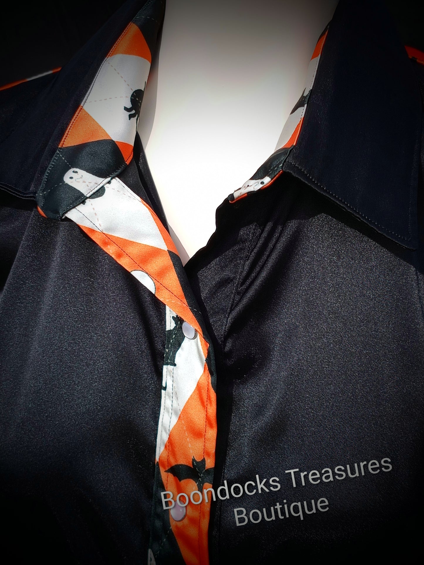 Black satin shirt w/ Halloween Argyle print ACCENTS- Women's and Teen's Handmade Button up Shirts Pearl Snap Shirts Western Shirts Rodeo Shirts Show Shirts