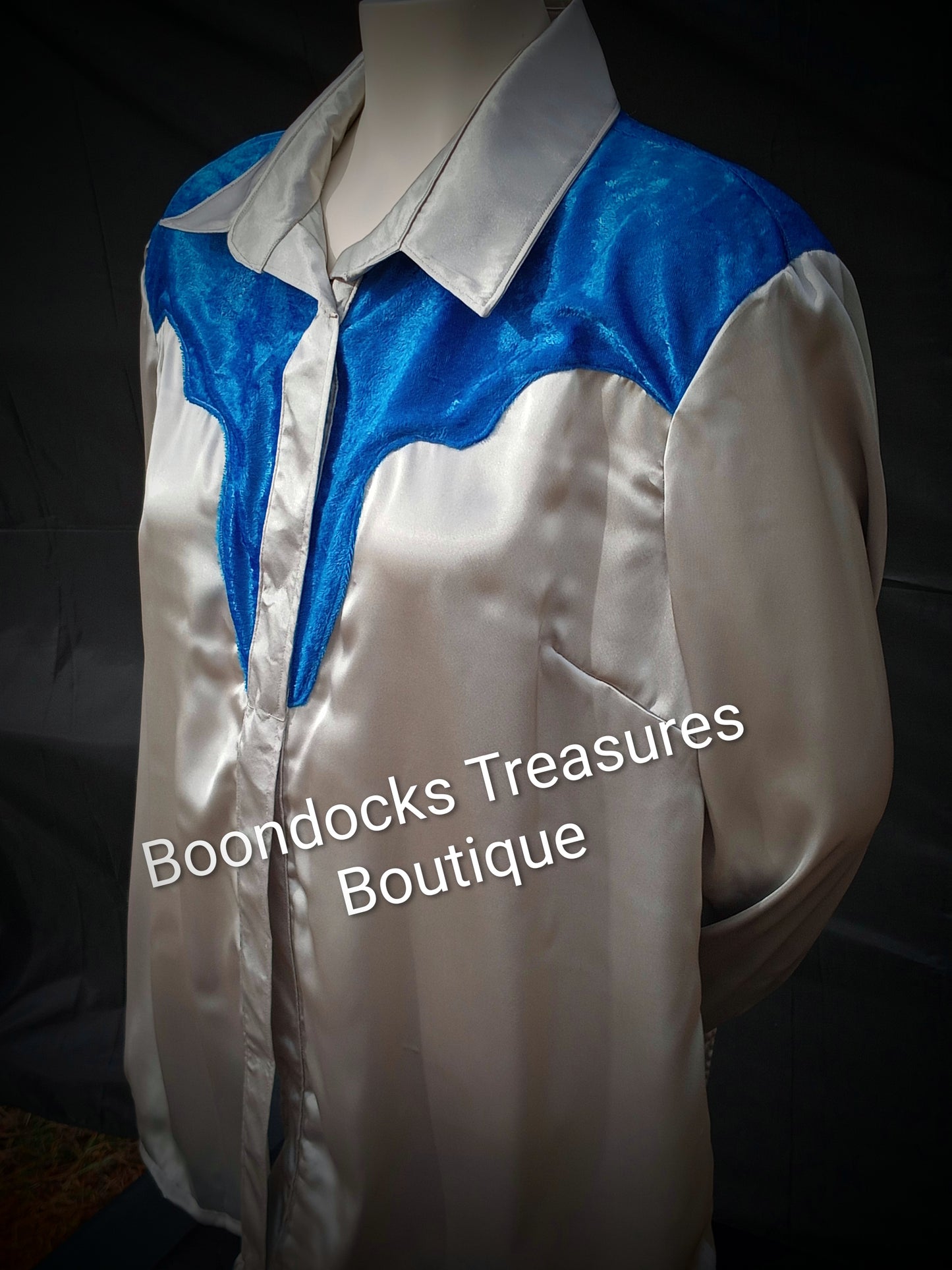 SILVER-GRAY satin w/ BLUE crushed velvet ACCENTS- Women's and Teen's Handmade Button up Shirts Pearl Snap Shirts Western Shirts Rodeo Shirts Show Shirts