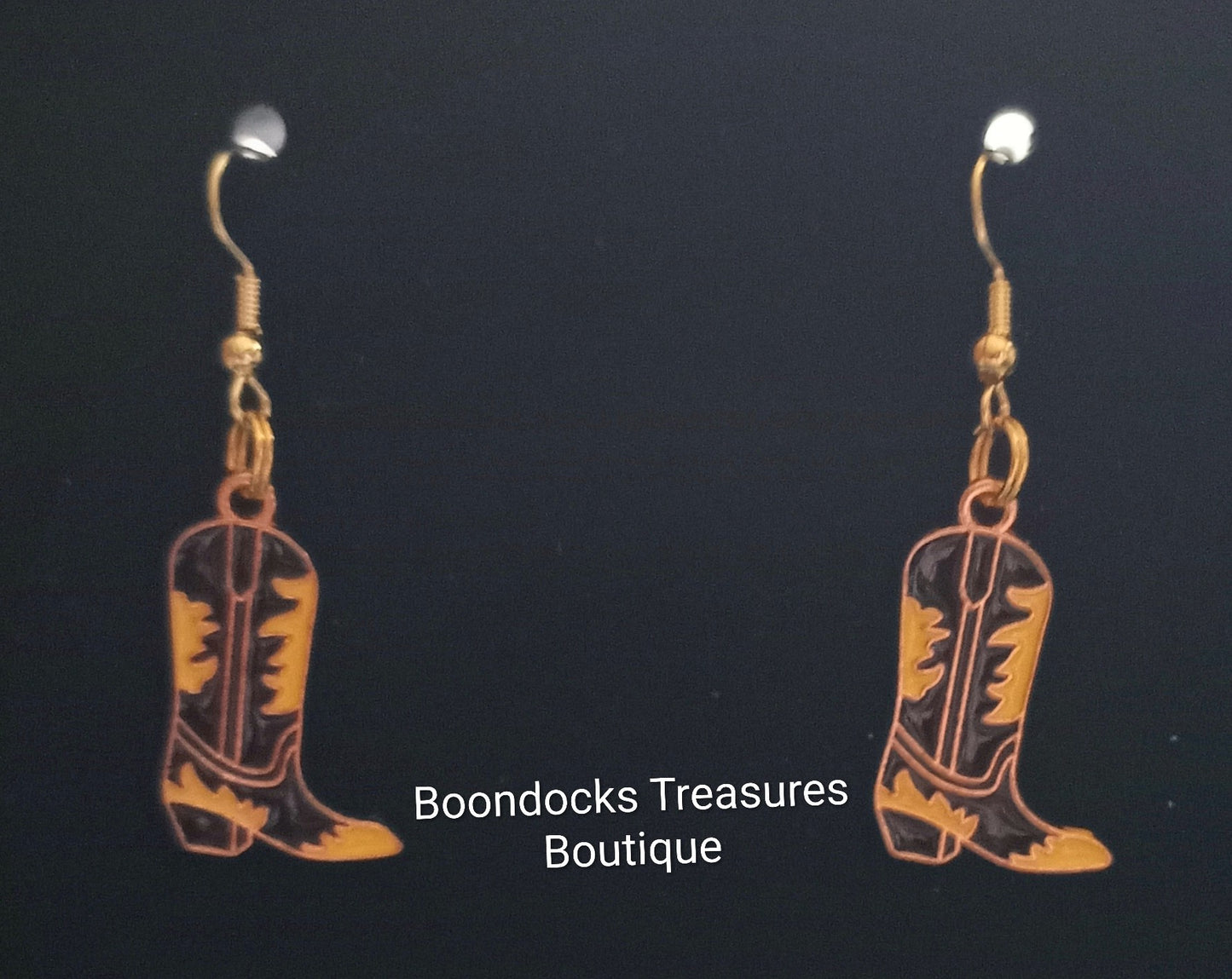 Black and Gold Cowboy Boots with Feather detail Handmade Earrings