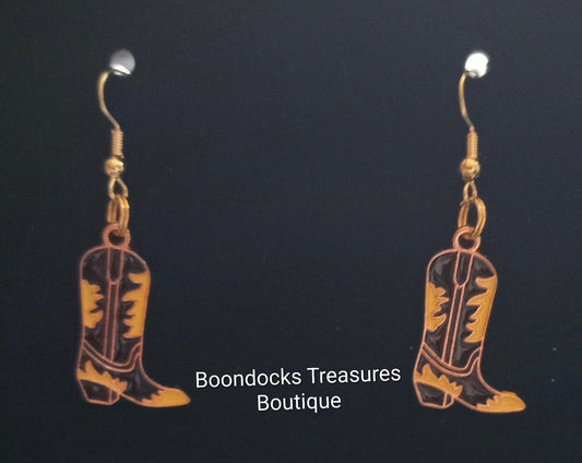 Black and Gold Cowboy Boots with Feather detail Handmade Earrings