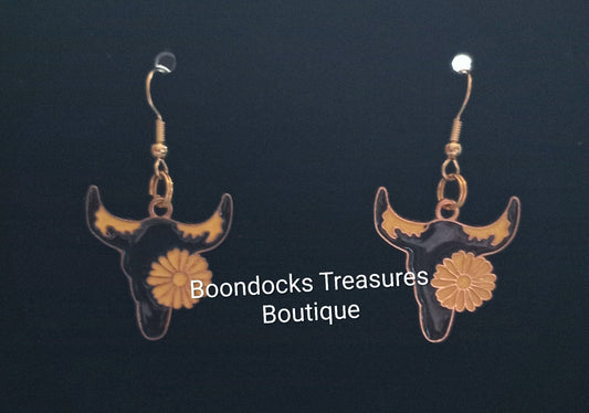 "Black and Yellow Painted Cow Skull w/ Sunflower" Handmade Earrings