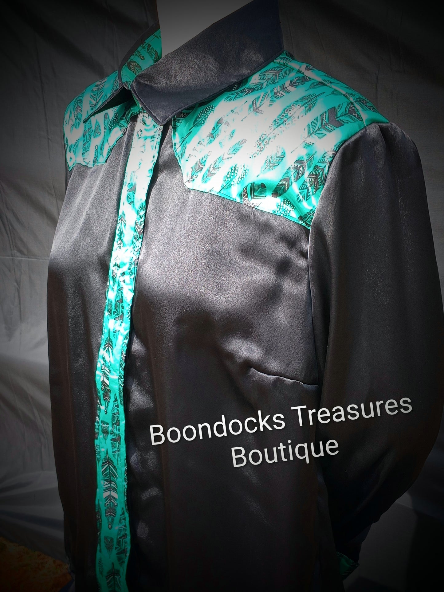 Black satin shirt w/ feathers on teal print ACCENTS- Women's and Teen's Handmade Button up Shirts Pearl Snap Shirts Western Shirts Rodeo Shirts Show Shirts