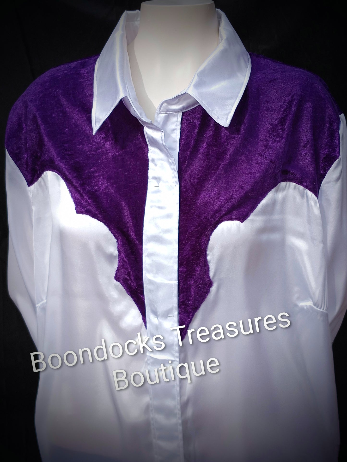 WHITE satin w/ PURPLE crushed velvet ACCENTS- Women's and Teen's Handmade Button up Shirts Pearl Snap Shirts Western Shirts Rodeo Shirts Show Shirts