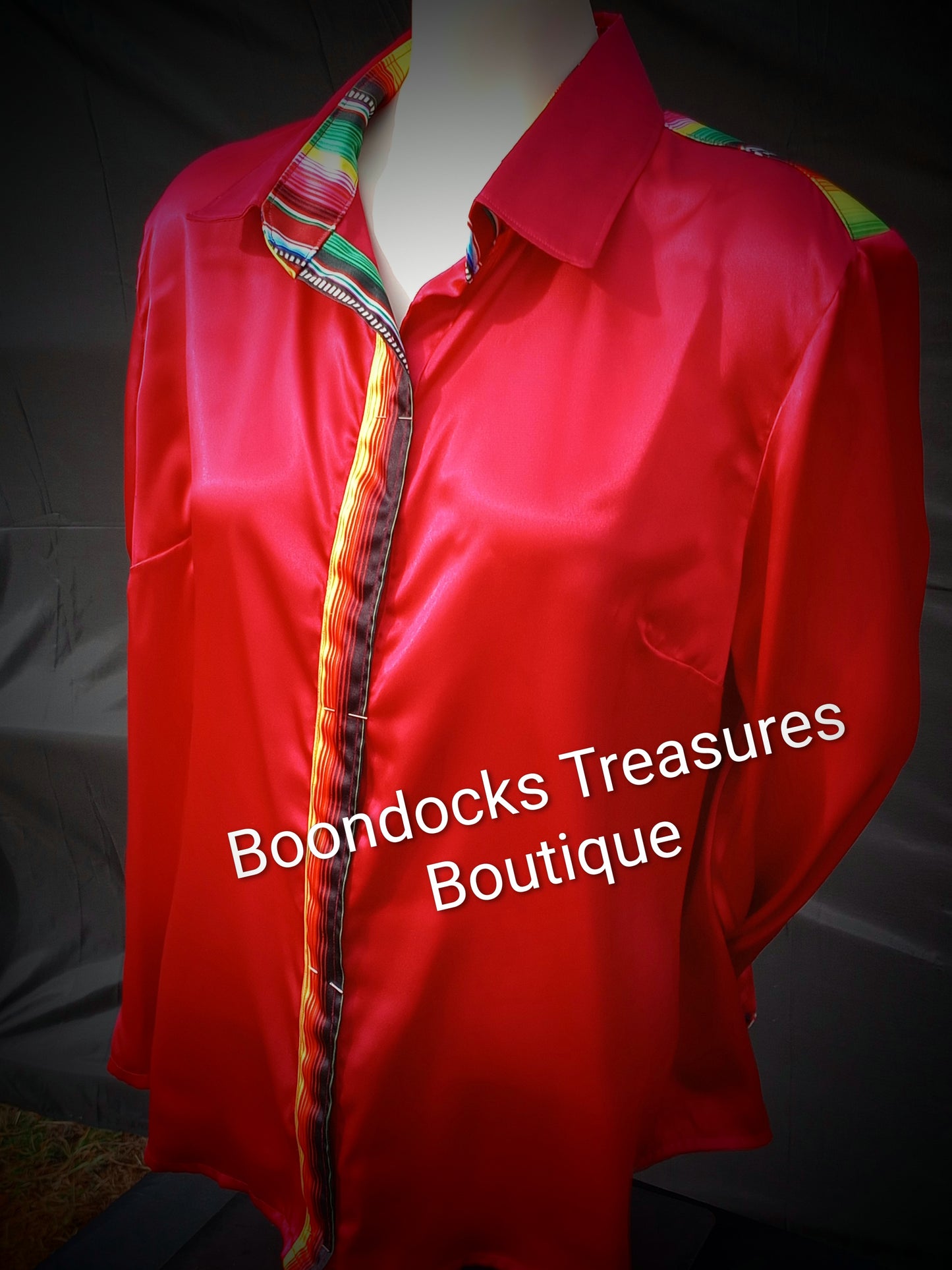 RED satin w/ SARAPE print ACCENTS- Women's and Teen's Handmade Button up Shirts Pearl Snap Shirts Western Shirts Rodeo Shirts Show Shirts