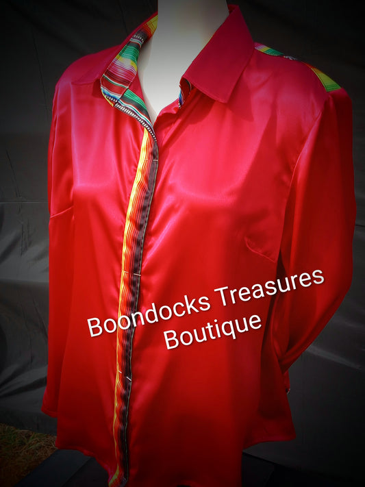 RED satin w/ SARAPE print ACCENTS- Women's and Teen's Handmade Button up Shirts Pearl Snap Shirts Western Shirts Rodeo Shirts Show Shirts