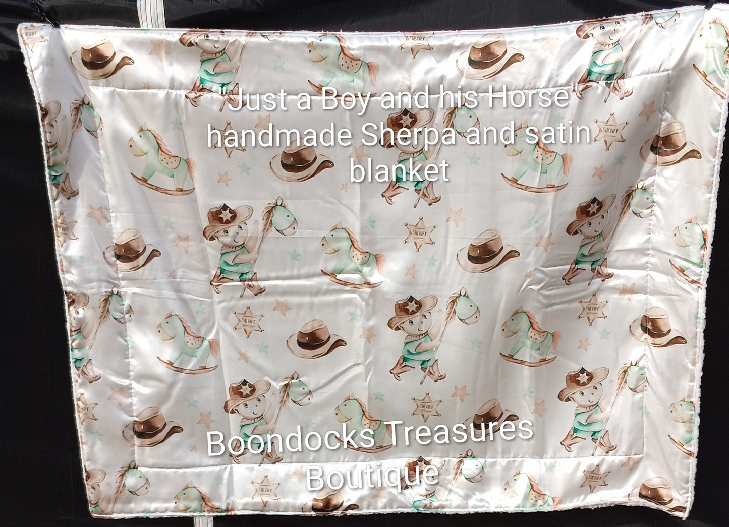"Just a Boy and his Horse" handmade Sherpa and satin baby blanket