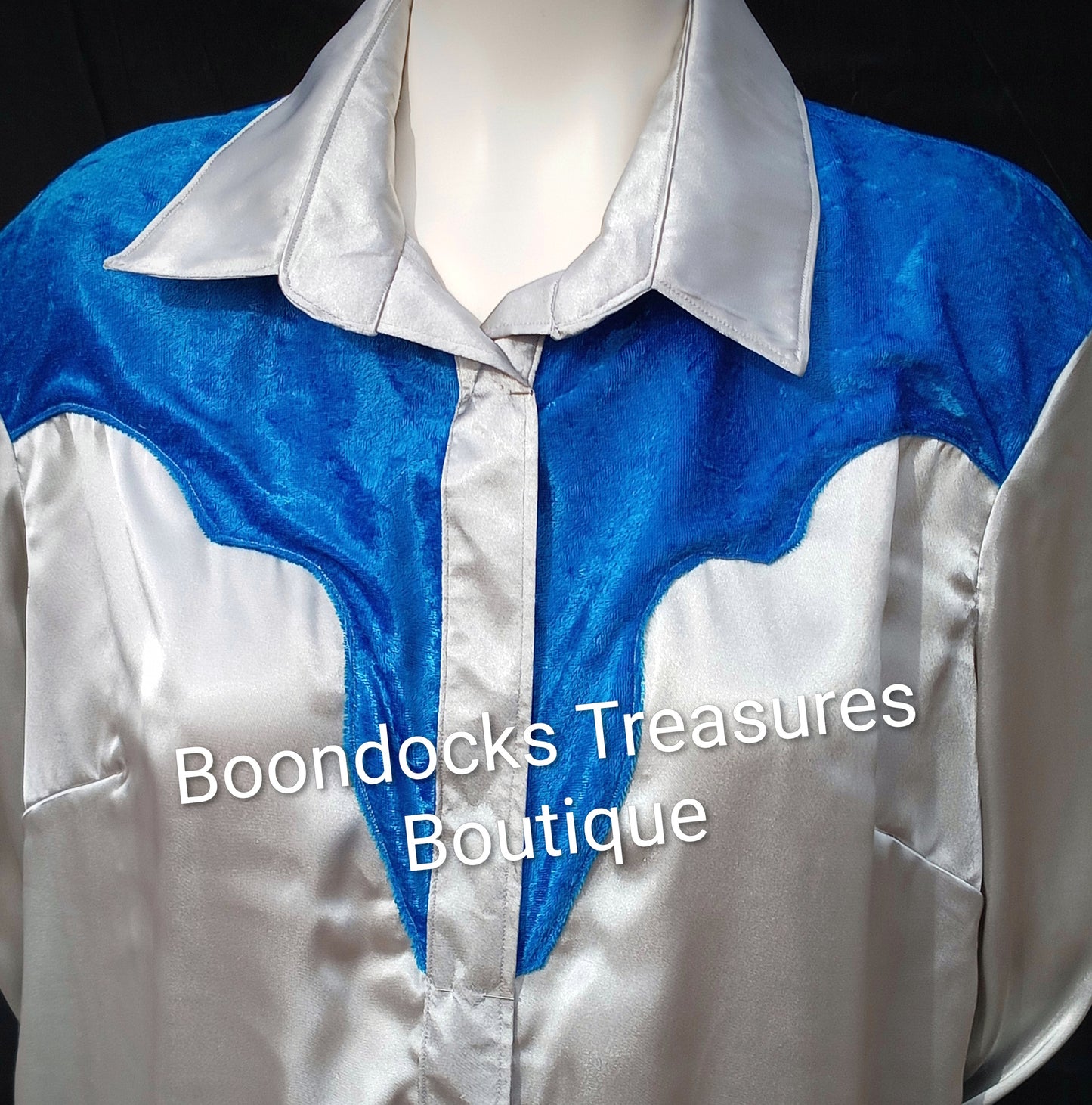 SILVER-GRAY satin w/ BLUE crushed velvet ACCENTS- Women's and Teen's Handmade Button up Shirts Pearl Snap Shirts Western Shirts Rodeo Shirts Show Shirts