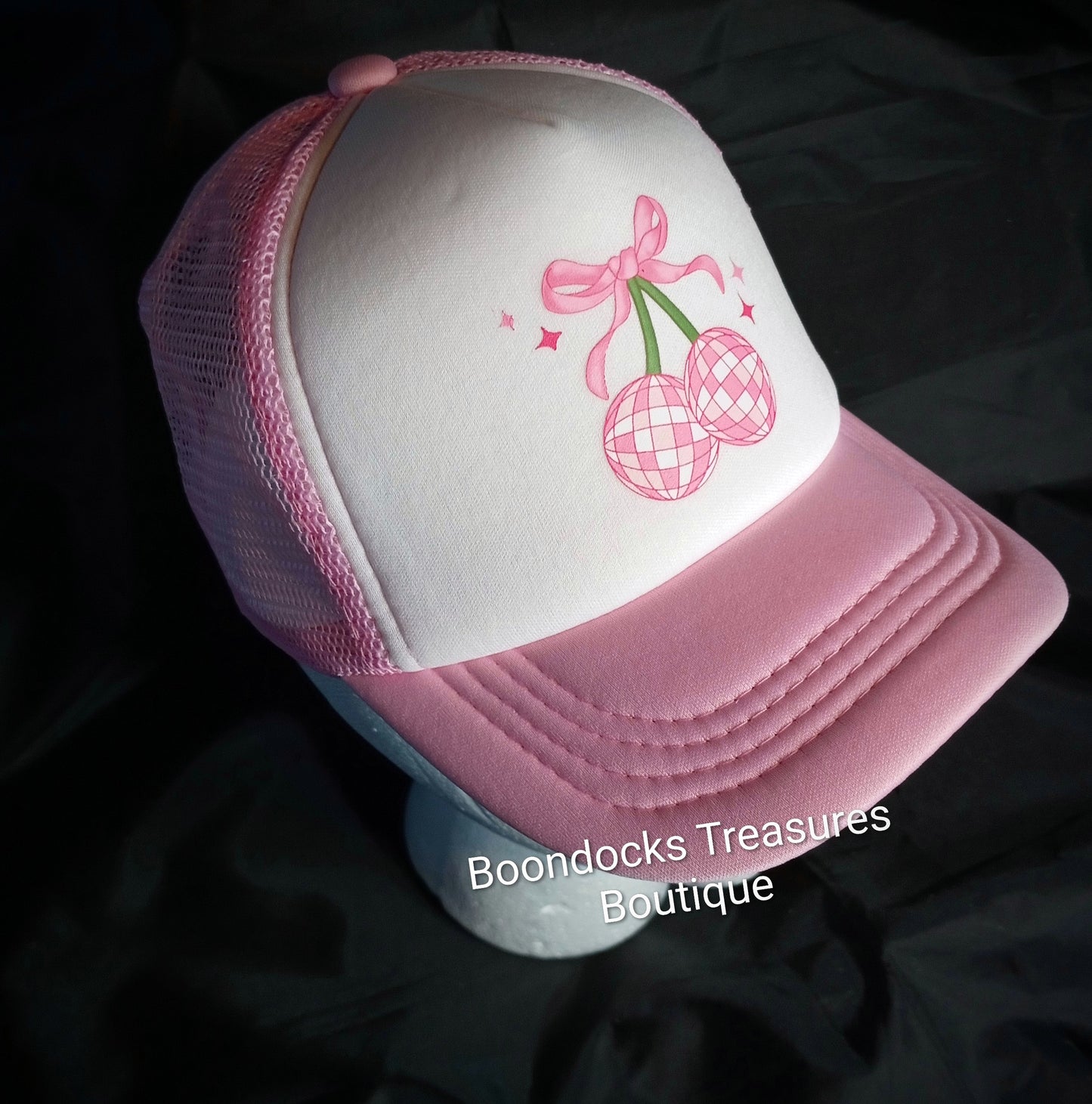"Cherry Disco Balls w/ Pink Bow" on Pink 🩷 Trucker Hat