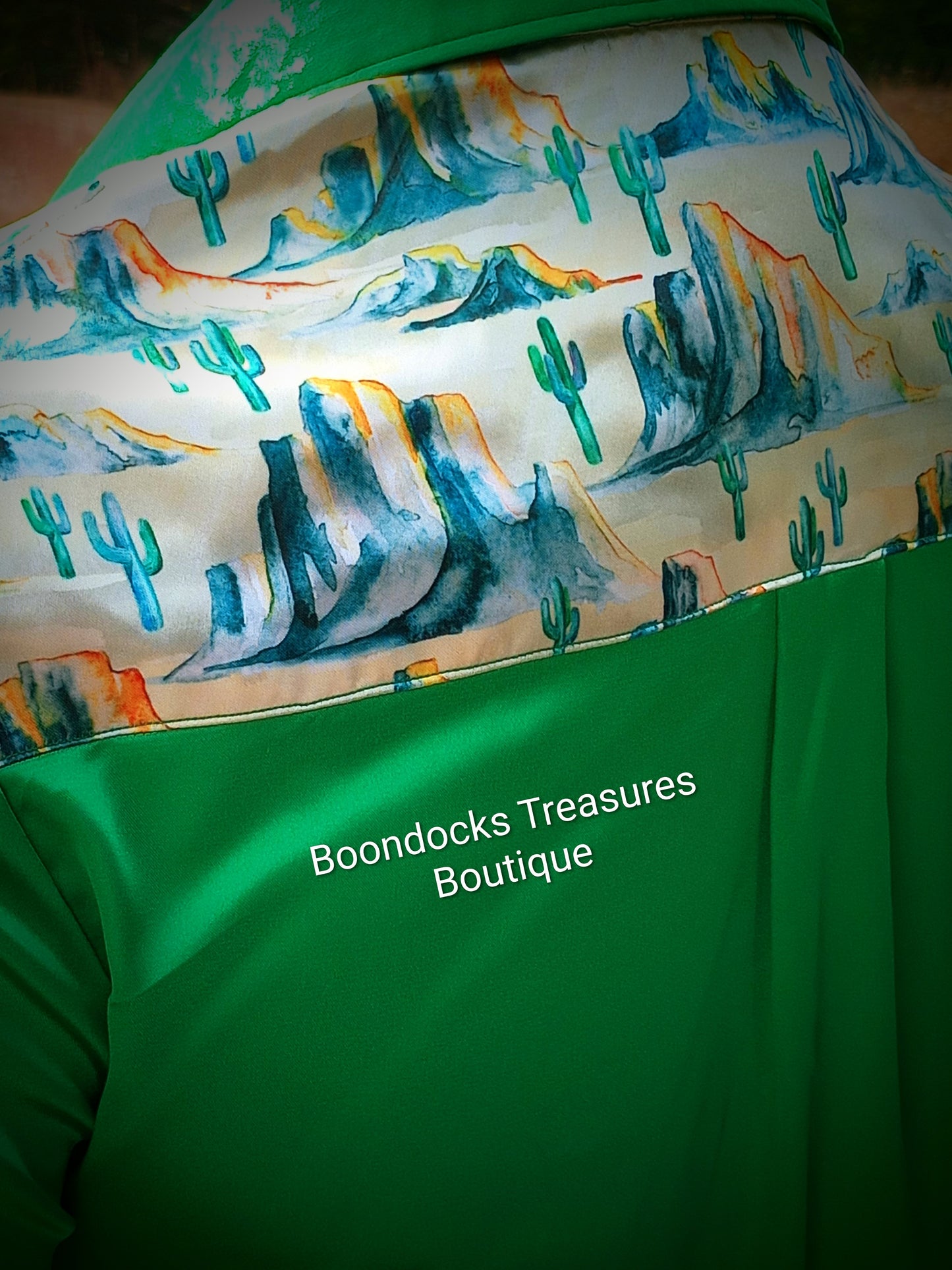 Green satin shirt w/ desert buttes print ACCENTS- Women's and Teen's Handmade Button up Shirts Pearl Snap Shirts Western Shirts Rodeo Shirts Show Shirts