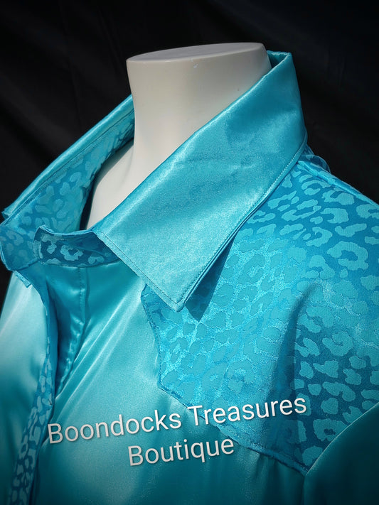 Turquoise satin shirt w/ turquoise cheetah print brocade ACCENTS- Women's and Teen's Handmade Button up Shirts Pearl Snap Shirts Western Shirts Rodeo Shirts Show Shirts